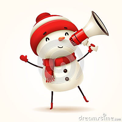 Cheerful snowman with megaphone. Isolated Vector Illustration