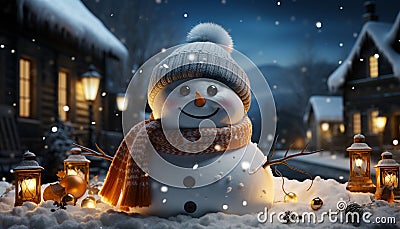 Cheerful snowman smiling, winter night, snowing, Christmas decoration, glowing generated by AI Stock Photo