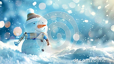 A cheerful snowman stands proudly in a snowy landscape, wearing a cozy hat and scarf, as snowflakes gently fall around him Stock Photo