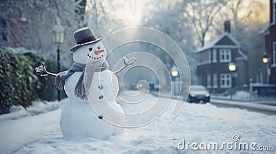 Cheerful snowman wearing scarf and hat, on the side of a snowy street in the city on a cold winter day. Generative AI Stock Photo