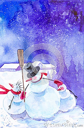 Cheerful snowmen with a broom in a red scarf and a black cap on the background of falling snow have fun near the house at night. Cartoon Illustration