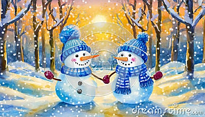 Cheerful snowmen holding hands at the park, Christmas greeting card Stock Photo