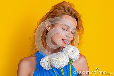 cheerful spring woman with summer bouquet in studio. spring woman with summer bouquet Stock Photo