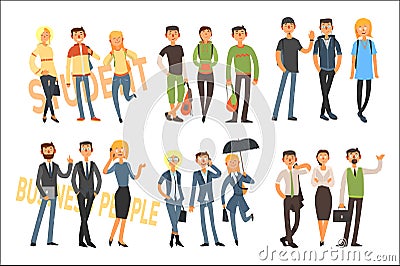 Cheerful students and business people. Young girls and guys in casual outfit. Office workers in formal clothes. Flat Vector Illustration