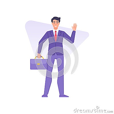 Cheerful stylish business man holding briefcase with documents greeting hand vector flat Vector Illustration