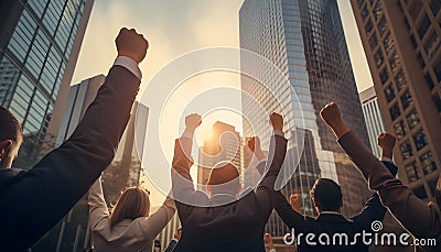 Cheerful successful business people fist up in the air Stock Photo