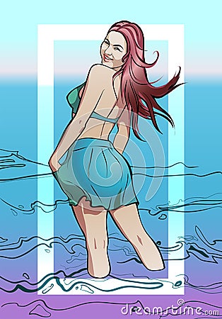 Cheerful summer illustration with a slim attractive woman in a bathing suit Cartoon Illustration