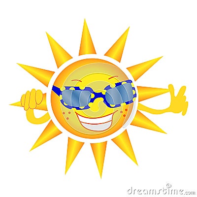 The cheerful sun in glasses smiles and shows a gesture of approval. Vector. White background. Vector Illustration