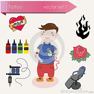 Cheerful tattooist with the tattoo machine in hand. Stock Photo