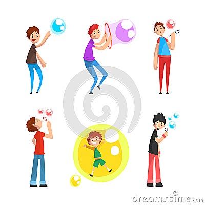 Cheerful Teen Boy Blowing Colorful Soap Bubbles Having Fun Vector Set Vector Illustration