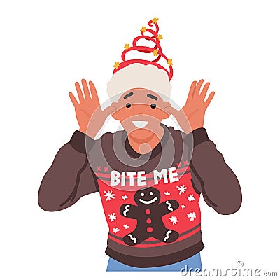 Cheerful Teen Boy In A Festive Christmas Sweater And Santa Claus Hat Radiates Holiday Spirit With A Warm Smile Vector Illustration