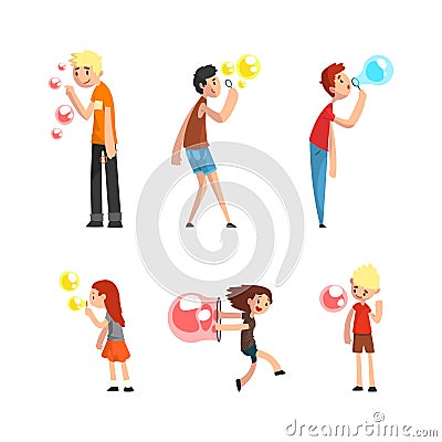 Cheerful Teen Boy and Girl Blowing Colorful Soap Bubbles Having Fun Vector Set Vector Illustration