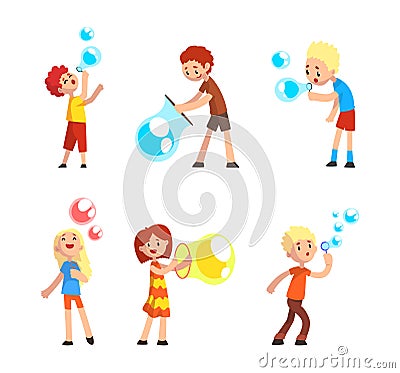 Cheerful Teen Boy and Girl Blowing Colorful Soap Bubbles Having Fun Vector Set Vector Illustration