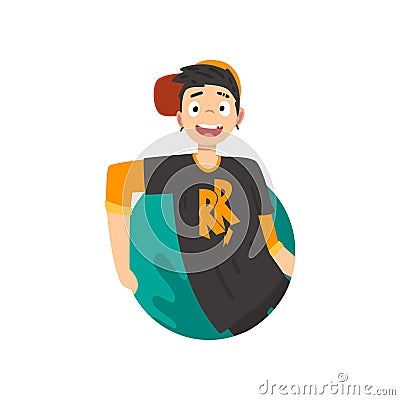 Cheerful Teen Boy Looking Out Round Shape Cartoon Vector Illustration Vector Illustration