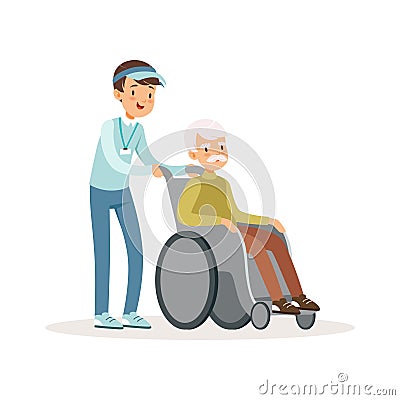 Cheerful teen boy pushing old man on wheelchair. Disability assistance. Kid volunteer in blue cap, shirt and jeans Vector Illustration