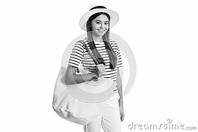 cheerful teen girl in marine style at studio. teen girl in marine style on background. Stock Photo