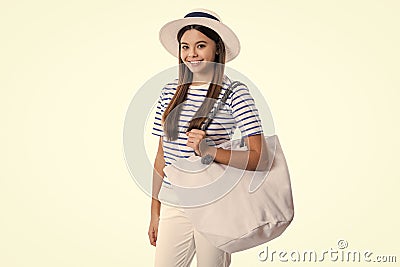 cheerful teen girl in marine style at studio. teen girl in marine style on background. Stock Photo