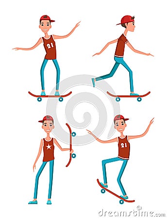 Cheerful Teen on Skateboard, Vector Icons Group Vector Illustration