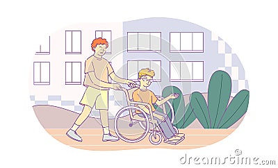 Cheerful teenage boy pushing wheelchair with disabled friend Vector Illustration