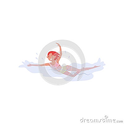 Cheerful teenager girl swimming in the sea. Summer outdoor activity. Kid with happy face. Flat vector illustration Vector Illustration