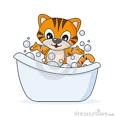 Cheerful tiger Bath In Tub cartoon style vector illustration Vector Illustration
