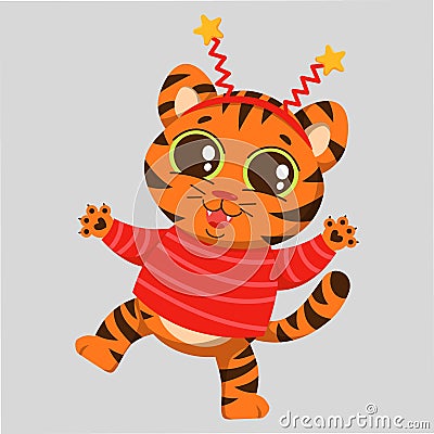 Cheerful tiger rejoices in the New Year. Vector Illustration