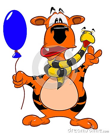 Cheerful tiger with a snake on the neck holds an air balloon Vector Illustration