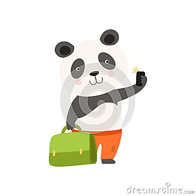 Cheerful tourist panda bear with suitcase, cute animal cartoon character travelling on summer vacation vector Vector Illustration