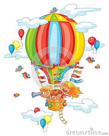 Cheerful travel to a hot air balloon Vector Illustration