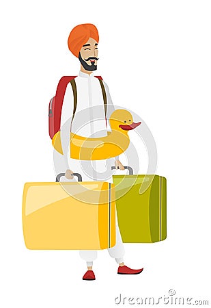 Cheerful traveler man in inflatable ring. Vector Illustration