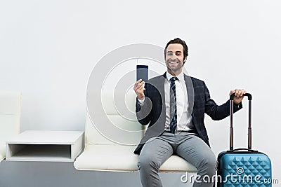 cheerful traveler showing passport and air Stock Photo