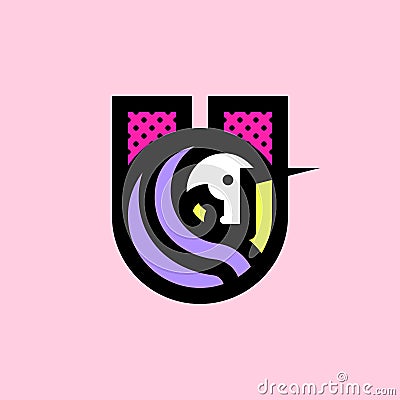 Cheerful unicorn head with cool violet hair. Funny emblem of u letter. Cute design for sticker, pin or print Vector Illustration