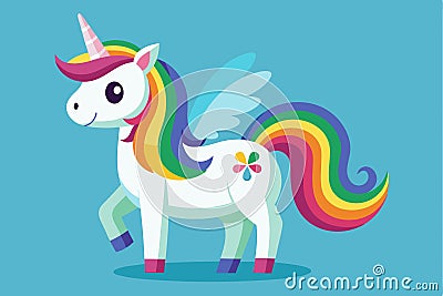 A cheerful unicorn stands with a vibrant rainbow mane and wings against a bright blue background, Unicorn with rainbow Vector Illustration