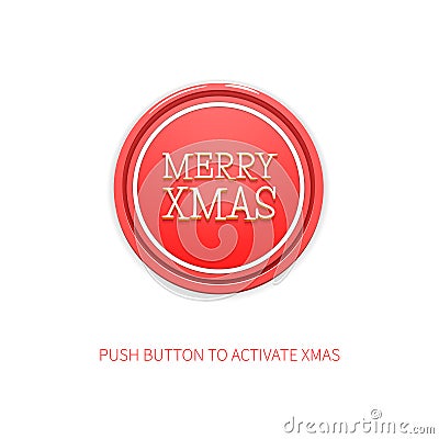 Cheerful Vector Minimalist Background for Christmas. Vector Illustration of Red Round Button with Title Merry Xmas and Vector Illustration