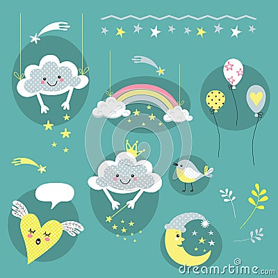 Cheerful vectorial set of characters cloud and rainbow Vector Illustration