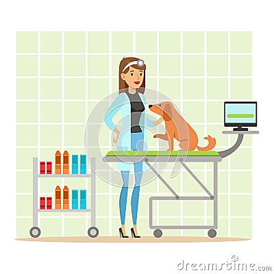 Cheerful veterinary doctor examining dog in vet clinic. Colorful cartoon character Illustration Vector Illustration