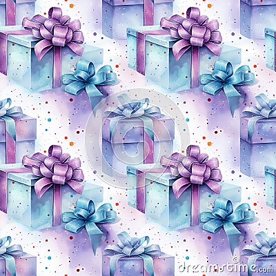 A cheerful and vibrant pattern of watercolor gift boxes with ribbons seamless pattern Stock Photo