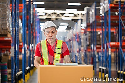 Cheerful warehouse worker checking inventory and working in warehouse, Worker man using hand pallet jack unloading package boxes Stock Photo