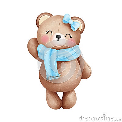 Cheerful watercolor cute baby teddy bear in blue scarf and bow illustration Cartoon Illustration