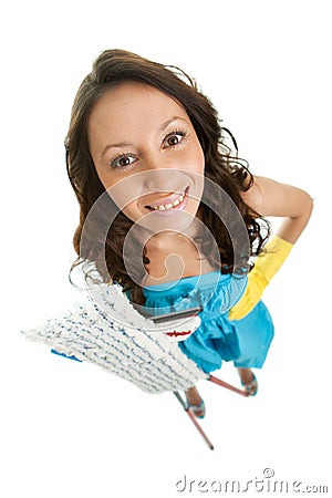 Cheerful woman with cleaning mops Stock Photo