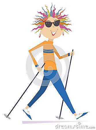 Cheerful woman doing Nordic walk Vector Illustration