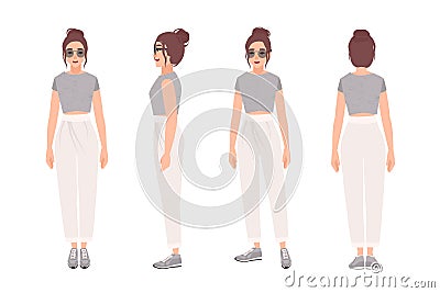 Cheerful woman dressed in stylish sportswear. Pretty girl in trendy clothes and sneakers. Female cartoon character Vector Illustration