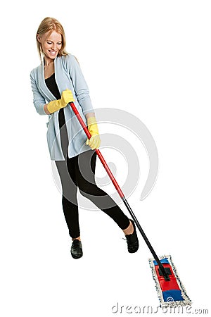 Cheerful woman having fun while cleaning Stock Photo