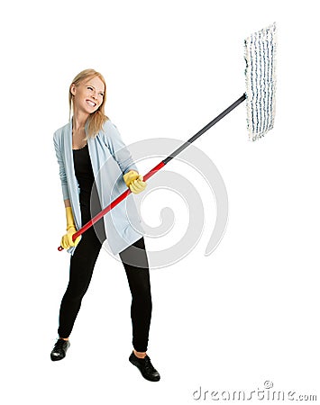 Cheerful woman having fun while cleaning Stock Photo