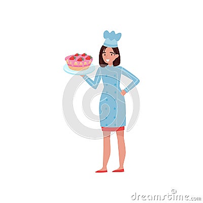 Cheerful woman holding plate with delicious cake. Young baker in working uniform and chef s hat. Flat vector design Vector Illustration