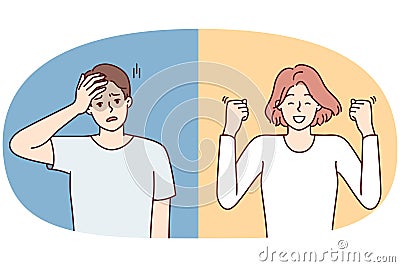 Cheerful woman makes victorious wave of hands and unhappy man clutching head Vector Illustration