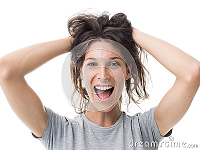 Cheerful woman with messy hair Stock Photo