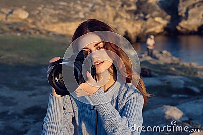 cheerful woman photographer nature rocky mountains hobby Professional Stock Photo