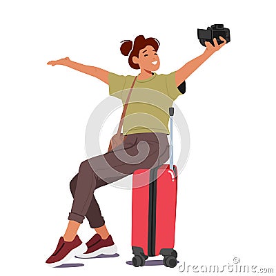 Cheerful Woman Taking A Selfie Sitting On Her Luggage Suitcase, Documenting Journey In Style. Female Character Vector Illustration