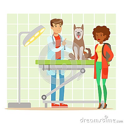 Cheerful woman and veterinary doctor examining dog in vet clinic. Colorful cartoon character Illustration Vector Illustration